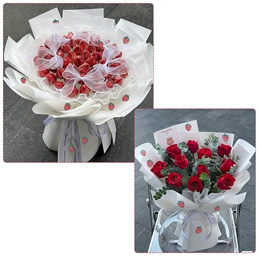 20 Sheets Flower Wrapping Paper, Translucent Strawberry Flower Bouquet Wrapping Paper with Ribbon White Floral Papers White Gifts Wrapping Papers for Bouquets Birthday Girl Wedding Christmas Valentine
