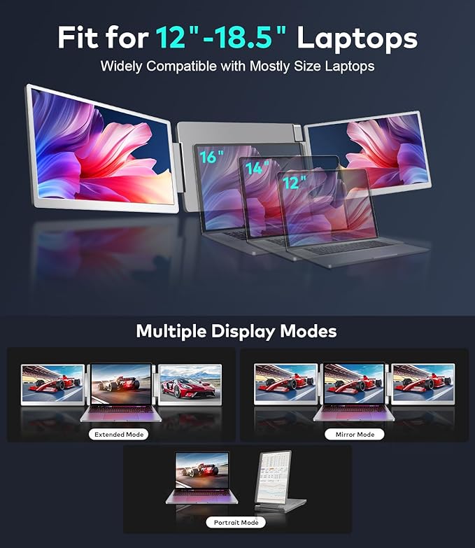 FQQ 15.6" Laptop Screen Extender, Left Screen 360° Flip Triple Screen Monitor Extender, FHD 1080P IPS Portable Travel Monitor Display, fit for 12–18.5" Laptops, Compatible with Windows and MacBook-S10