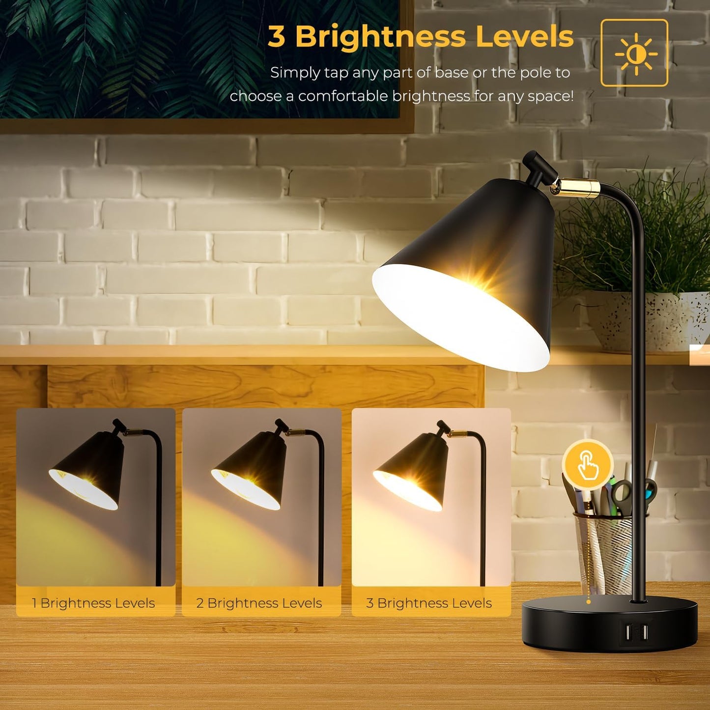 Skiennix Industrial Dimmable Desk Lamp - Touch Control with 2 USB Ports & AC Outlet | Black Metal Finish