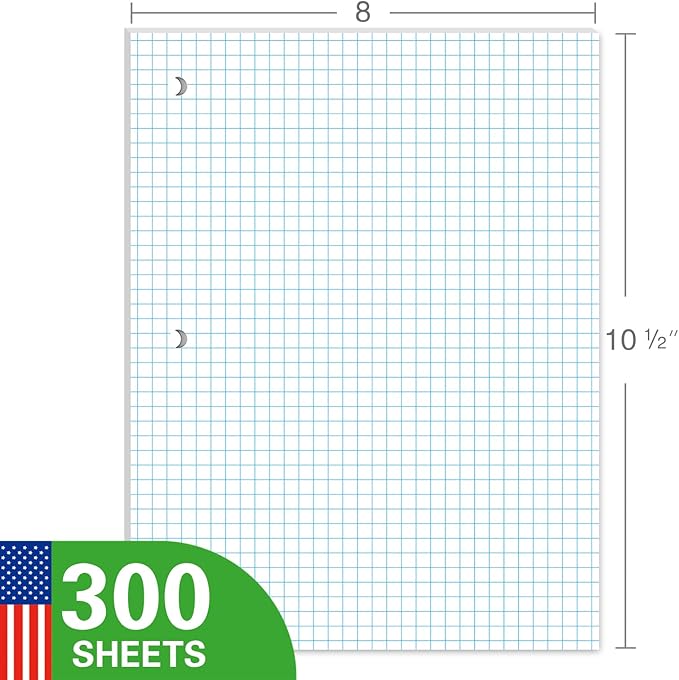 WritePads Graph Paper Loose Leaf Paper, Standard 8"x10-1/2" 4x4 Quad Ruled Notebook Paper,3 Hole Punched Filler Paper, 3 Ring Binder Paper, 300 Sheets Grid Paper, Made In USA
