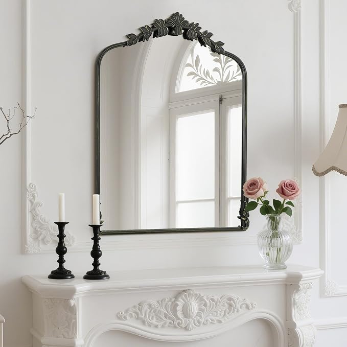 WallBeyond Black Antique Mirror for Vanity 28x36 Inch, Black Vintage Mirror with Ornate Frame, Arched Vintage Wall for Bathroom, Living Room, Fireplace