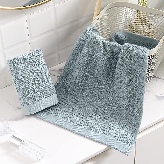 sense gnosis Sage Green Hand Towel Set of 2 Striped Weave 100% Cotton Super Soft Highly Absorbent Light Weight Decorative Hand Towels for Bathroom 13x 29 Inch