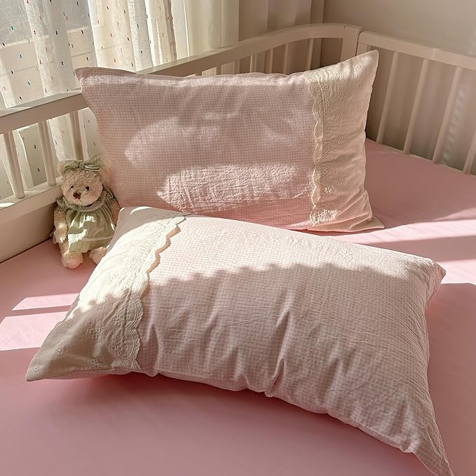 VM VOUGEMARKET Pink Plaid Comforter Set with White Lace Twin XL Kids Teens Grid Gingham Quilt Comforter for Girl's College Dorm Soft Lightweight Cozy Bedding Set