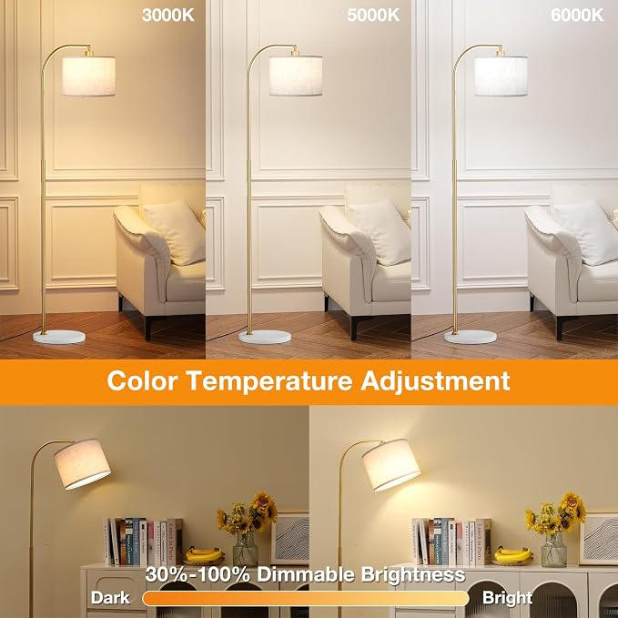 Ambimall Arc Floor Lamp with Remote and Stepless Dimmable Bulb, Colors Temperature & Brightness Adjustable, Gold Pole & Marble Base