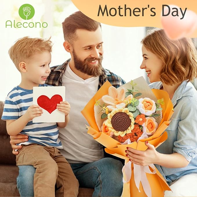 Alecono Crochet Flower Bouquet, Orange Knitted Flowers, Crochet Sunflower Flower for Lover Anniversary Birthday Party Mother's Day Graduation Gifts (Include Card)