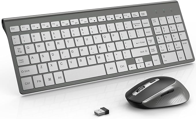 Wireless Keyboard and Mouse, J JOYACCESS Slim and Ergonomic Wireless Keyboard and Mouse Combo,Portable and Comfortable Typing for Laptop/Computer/Desktop/PC-Grey/Silver