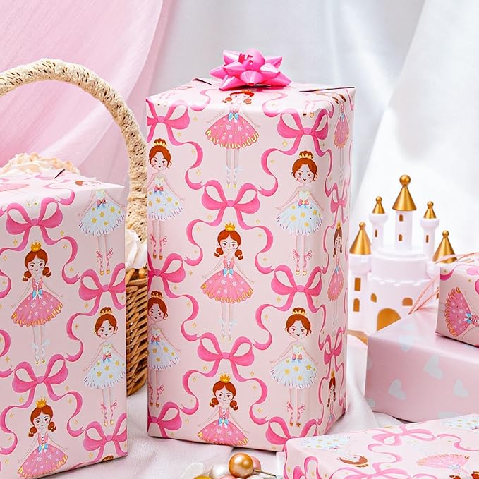 Homeral Pink Ballerina Wrapping Paper Roll - Ballet Princess with Bowknots & Heart Pattern, Reversible Gift Wrap for Girls Birthday, Baby Shower, Bridal Shower, Party - Mini Roll - 17 Inch x 16.5 Feet