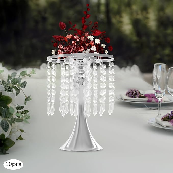 Flower Stand Vase, 10 Pcs Glam Crystal Wedding Reception Decorations with Sparkling Beads Table Center Display Flower Arrangement Flower Stand Metal Vase for Event Party Decor (Silver, H:10.23in)