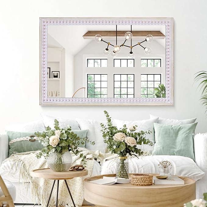 Decointo 35x23 Inch Wooden Rustic Farmhouse Rectangle Wall Mirror | Boho Decorative Mirror for Bathroom Over Sink, Entryway, Living Room, Bedroom, Vanity Mirror, Vertical or Horizontal Hanging