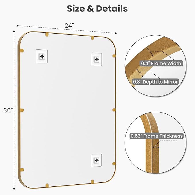 2-Pack 24x36 Inch Antique Gold Bathroom Vanity Mirrors | Flush Mount Deep Set Metal Wall Mirror for Over Sink | HD Shatterproof Glass, Rustproof