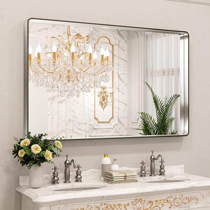 LOAAO 50X30 Inch Brushed Nickel Bathroom Mirror, Rounded Rectangle Silver Metal Frame Mirror, Brushed Nickel, Anti-Rust, Shatter Proof, Hangs Horizontally or Vertically