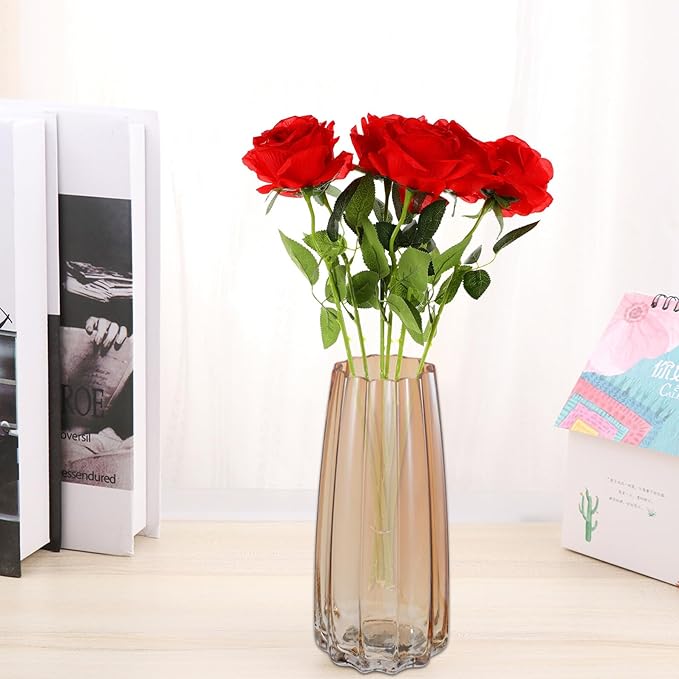 TOYANDONA Creative Electroplated Ribbed Amber Glass Vase Desktop Floral Container for Home Decoration and Flower Arrangement Gift for Special Occasions