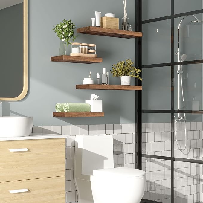 HOOBRO Floating Shelves for Wall, Wall Mounted Shelf Set of 2, 15.7" Hanging Shelf with Invisible Brackets, for Wall Decor Storage in Bathroom Bedroom Kitchen Living Room Office, Rustic Brown BF40BJ01