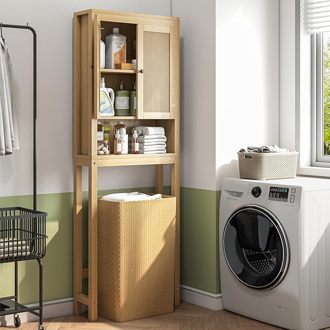 knoworld Rattan Over The Toilet Storage Cabinet, Above Toilet Bathroom Organizer with Adjustable Shelf, Behind Toilet Cabinet, Space Saver for Restroom, Bathroom, Laundry, Wood Rack, Natural