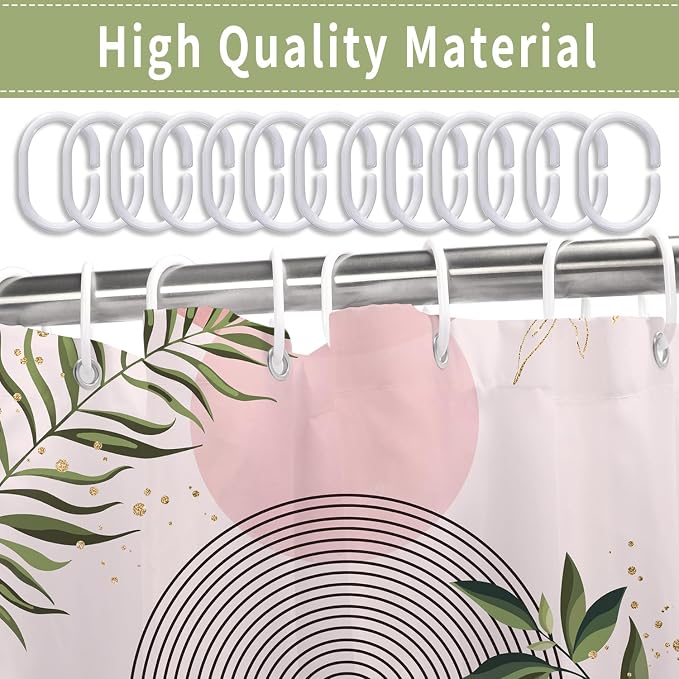 Boho Mid Century Shower Curtain, Pink Modern Minimalist Abstract Geometric Green Gold Plant Leaves Sun Arch Bathroom Curtains Waterproof Fabric Buthtub Curtain Set with Hooks 60" Wx72 L