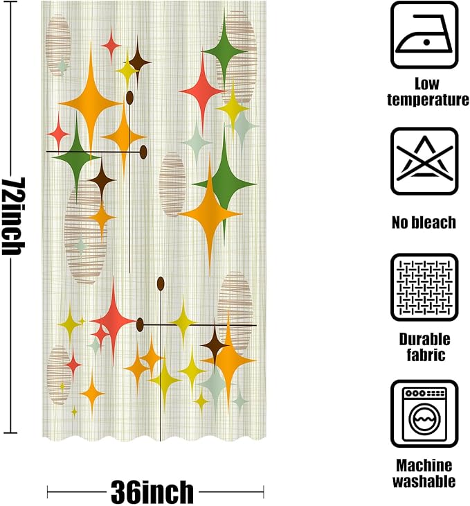 Stall Mid Century Modern Shower Curtain Set Retro Stars Shower Curtains for Bathroom Abstract Vintage Boho Art Waterproof Fabric Bath Curtain Decor (36'' x 72'')