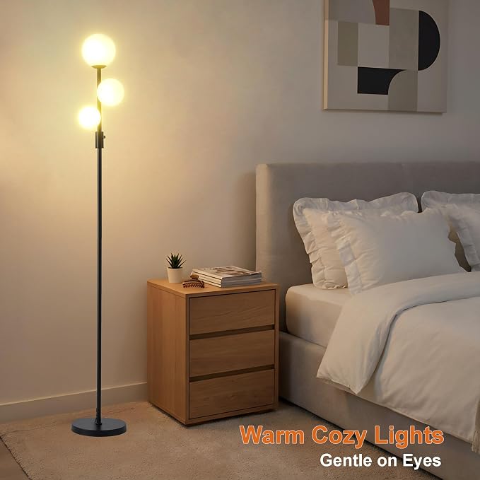 Fiqevs Upgraded Dimmable 3 Globe Mid Century Modern Floor Lamp, 3 x 3000K Warm Light LED Bulbs Included, Matt Black Standing Lamp with Sphere Glass Shade, Vintage Tall Lamp for Living Room, Bedroom
