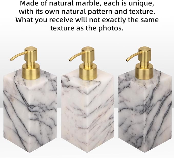 Natural Marble Soap Dispenser for Bathroom and Kitchen Countertop - 5.41 Ounces Hand Lotion and Liquid Stone Shampoo Laundry Bottle with Pump (1, Lilac, Rectangular Bottle)