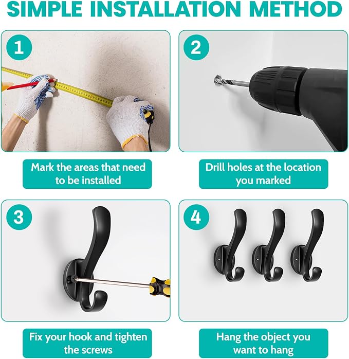 Coat Hooks Heavy Duty - Easy to Install Metal Towel Hooks Screw-in Wall Hooks for Hanging Hat, Towel, Key, Robe, Scarf, Bag, Cap (12, Black)