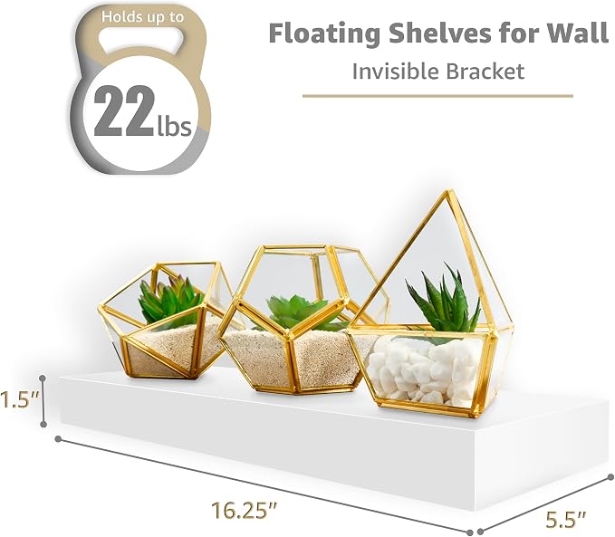 Sorbus Floating Shelves for Wall – 16 Inch Floating Shelf for Kitchen, Bedroom, Living Room, Bathroom, Home & Wall Decor - Mounted Bathroom Shelves with Invisible Brackets (White, 5 Pack)