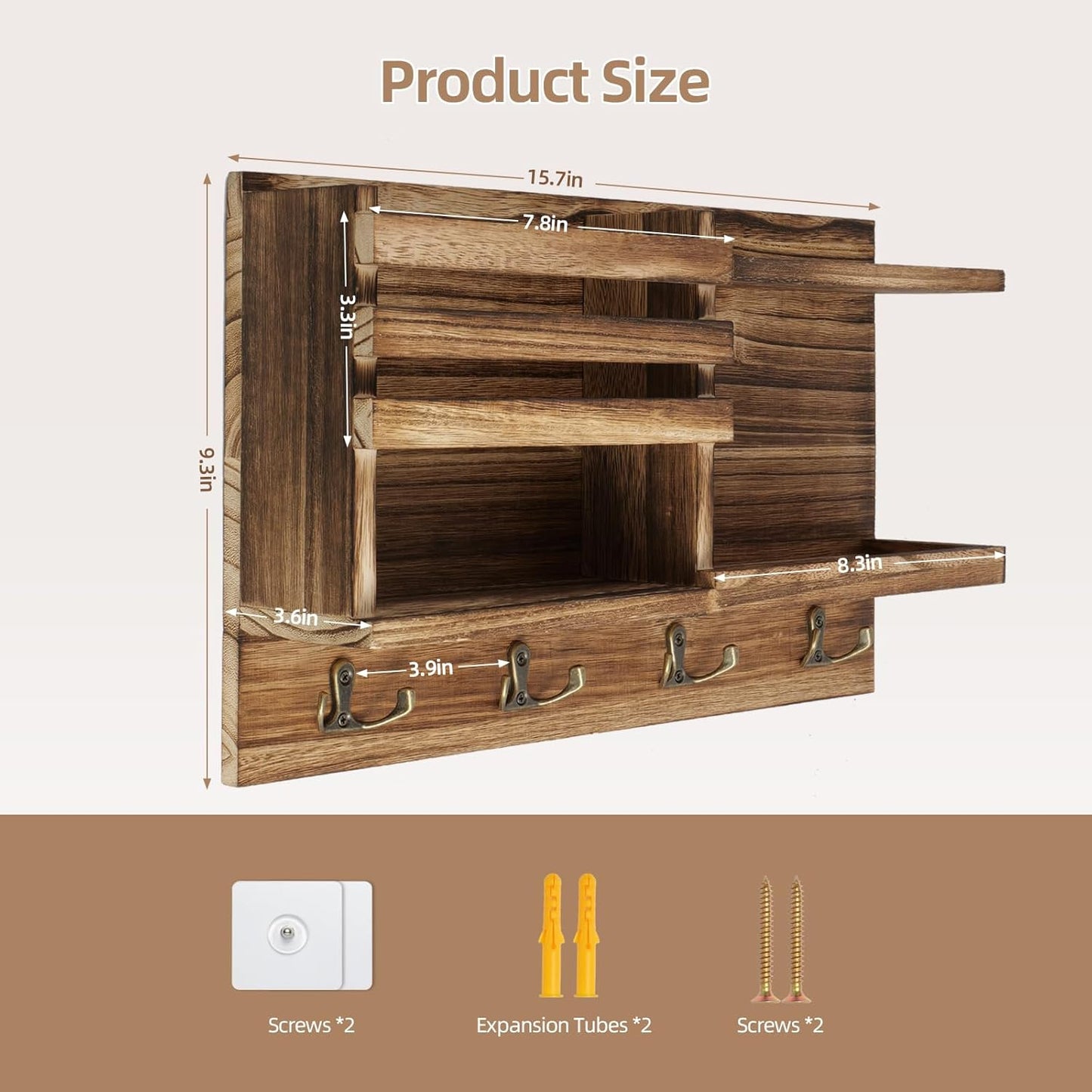 Skiennix Key Holder Wall Mount - Solid Wood Organizer with 8 Hooks for Entryway | Burnt Brown