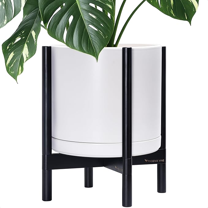 D'vine Dev Ceramic Planter with Ebony Stand - 14 Inch Modern Round Flower Pot with Wood Planter Holder, White, 55-B-S-1