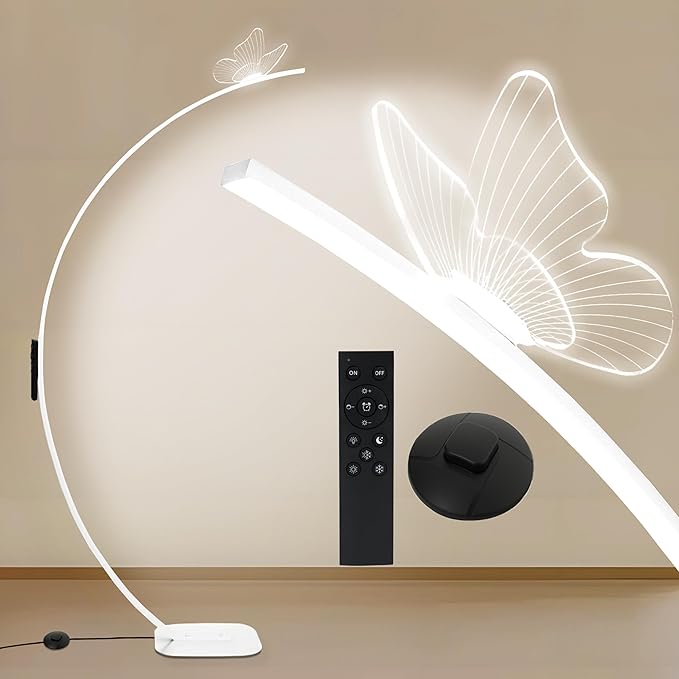 Arched Floor Lamp with Butterfly Design, Adjustable Brightness up to 2000 Lumens, Remote & Pedal Control, 3 Light Settings Standing Lamp for Living Room, Bedroom, Office (White)