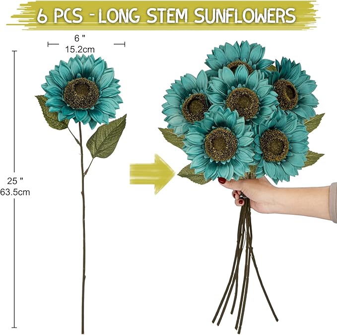 Hollyone Large Silk Sunflowers Artificial Flowers 26" Long Stem Artificial Sunflower 6PCS Faux Vintage Fall Sunflowers Bouquet Bulk for Home Wedding Birthday Party Centerpieces Decorations