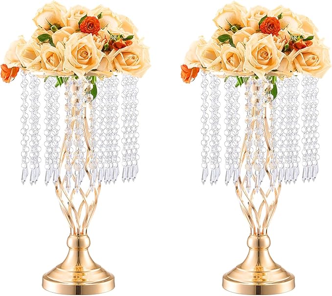 VEVOR 20PCS 43cm/16.9” Tall Crystal Wedding Flower Stand, Metal Wedding Centerpiece Vase, Gold Flower Holders Floral Display Rack for Tables Wedding Dinner Party, Ceremony Birthday Event Decor