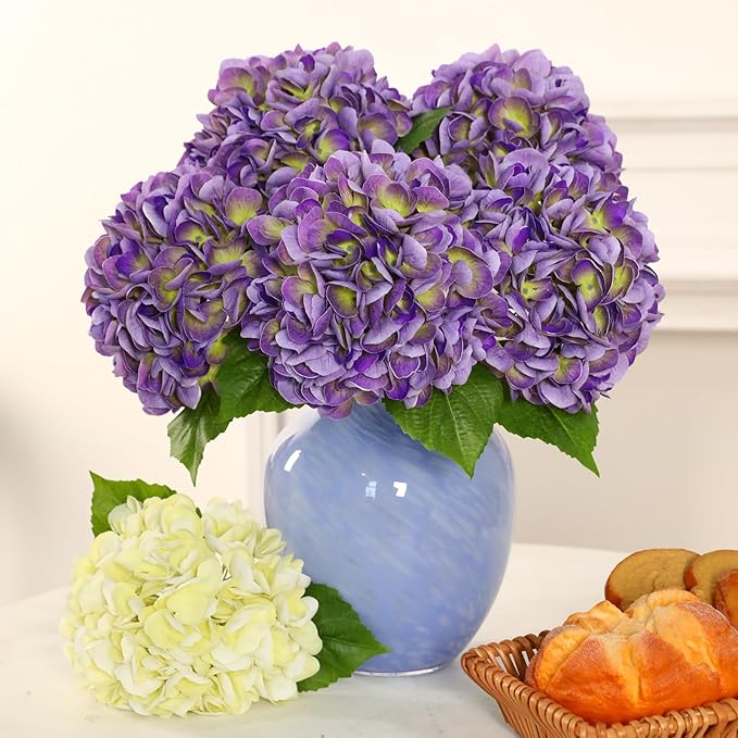 3Pcs Hydrangea Artificial Flowers, 22.44" Real Touch Latex Faux Hydrangea with Long Stems & Leaves for Home Office Decor or Wedding, Party, Centerpieces, Floral Arrangements (Purple)