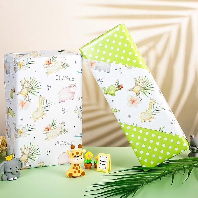 Burymento Animal Wrapping Paper, Reversible Dot Design Gift Wrap for Baby Shower, Birthday, Valentines, Mothers day, Graduation, Wedding, Fathers day, Christmas (17 Inch X 32.8 Feet)
