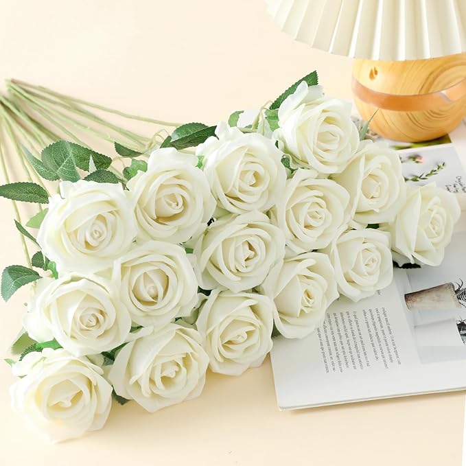 15Pcs Pearl White Roses Artificial Flowers Fake Roses Long Stem Velet Rose Silk Flowers for Home Wedding Decoration (Pearl Roses,White)