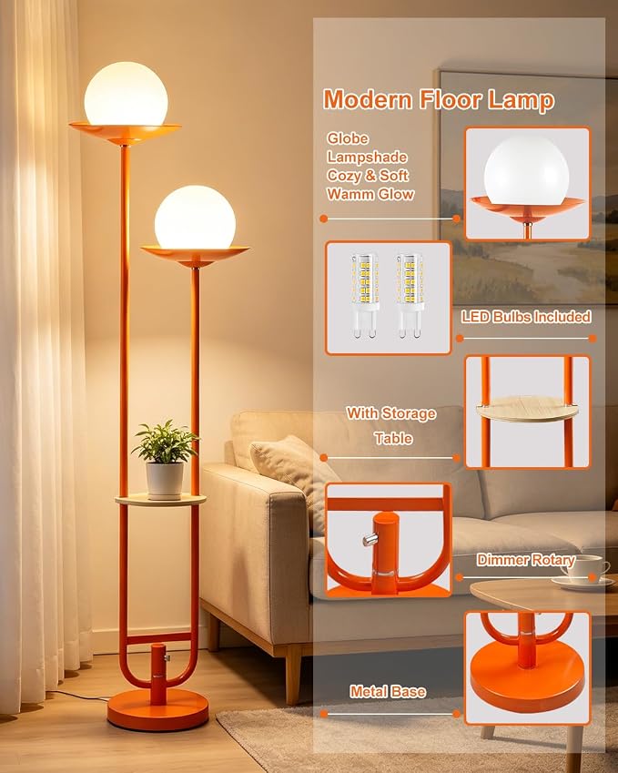 63IN Globe Floor Lamp with Shelf 2-Lights Modern Dimmable Floor Lamps with 3000K Soft Warm White Bulbs for Wedding/Party, Orange Tall Standing Lamp for Living Room/Bedroom/Home Office