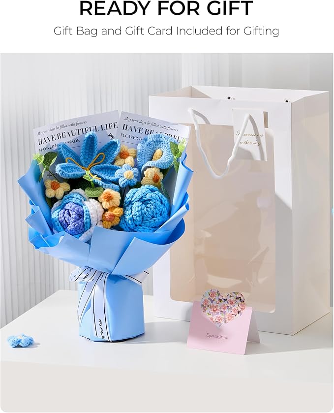 Crochet Flowers Bouquet Gift for Wife Girlfriend Fiancee Mother Women, Handmade Artificial Knit Blue Rose Tulip Flower for Wedding Anniversary Birthday Valentine's Day Present, Home Decor