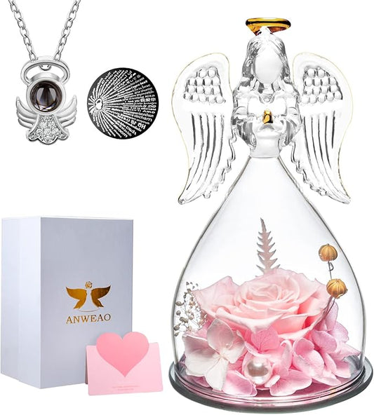 ANWEAO Women Gifts for Christmas Preserved Rose Forever Flower in Glass Angel Figurines Fresh Flowers for Delivery Prime Gifts for Mom, Real Pink Roses Gift for Grandma Mom Sister Wife Her