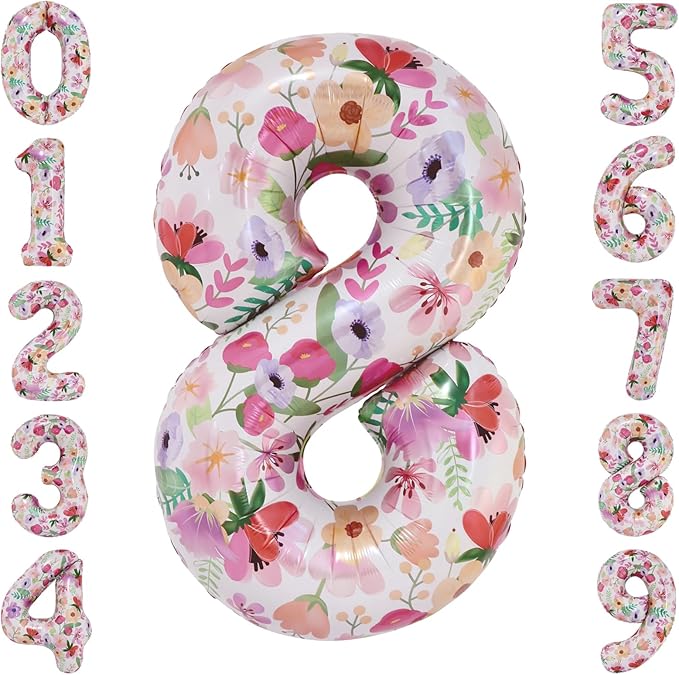 Flower Balloons 40 Inch Floral Number 8 Balloon for 8th Birthday Garden Party Decorations Eight Year Old Photo Props Foil Number 8