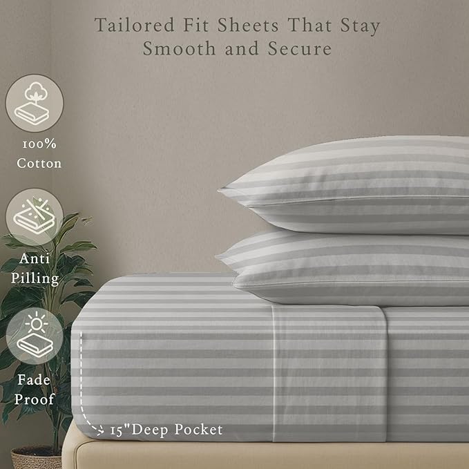 Threadmill 500 Thread Count Twin-XL Size Damask Stripe, 3 Pc Luxury Cotton Bed Sheet Set, Silky Soft Light Grey Sheets with 15" Elasticized Deep Pocket, 1 Pillowcase & Free Tote Bag