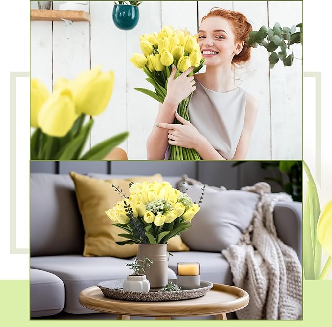 Janinka 100pcs Artificial Tulip Flowers Fake PU Tulips Faux Latex Bouquet Flower Centerpieces Arrangement Floral for Mother Day Wedding Spring Decorations (Light Yellow)