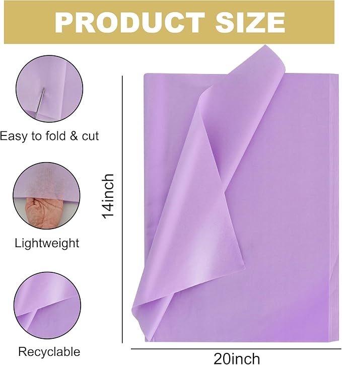BEISHIDA 100 Sheets Purple Tissue Paper Bulk, Wrapping Tissue Paper for Gift Bags, 14 x 20 Inch Gift Wrap for Birthday Wedding Graduation DIY Crafts Holiday Flowers