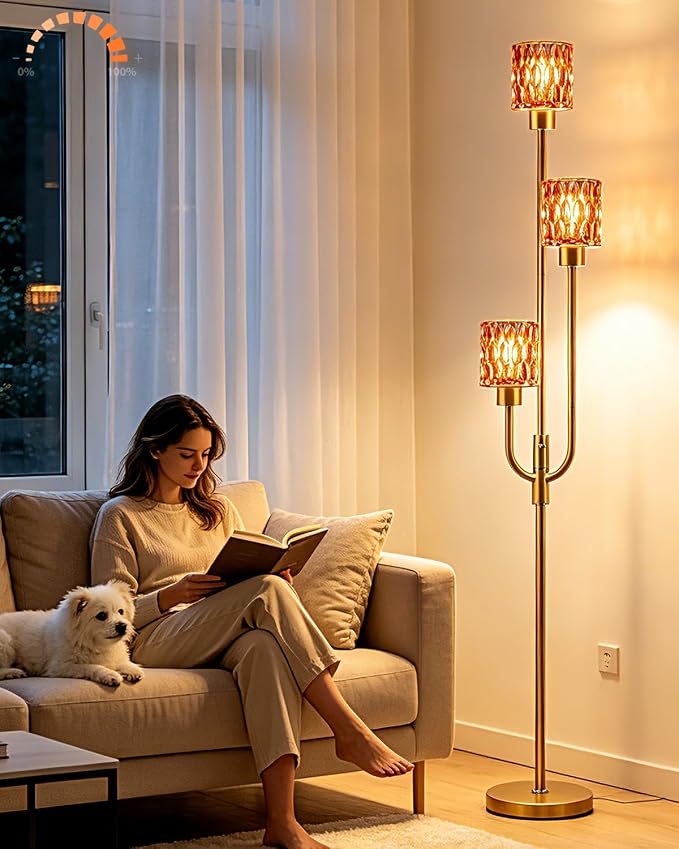 66IN Glass Floor Lamp 3-Lights Modern Gold Dimmable Floor Lamps with 3000K Warm White Bulbs for Wedding Party Modern Tall Standing Lamp with Deep Red Glass Shade for Living Room/Bedroom/Home Decor