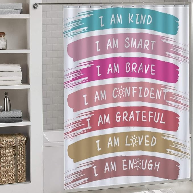 Rainbow Shower Curtain, Kids Girls Baby Boho Cute Inspirational Motivational Quotes Bohemian Cartoon Colorful Pastel Waterproof Fabric Bathroom Shower Curtain Set with Hooks, 72"x72" Inch
