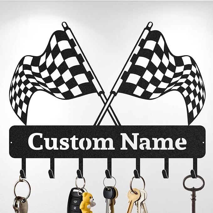 Personalized Racing Flags Key Holder, Custom Metal Checkered Flag Key Hooks with Name, Large Black Metal Wall Hooks Rack, Custom Jacket Organizer for Garage, Hallway, Entryway, Gifts for Men(8in)