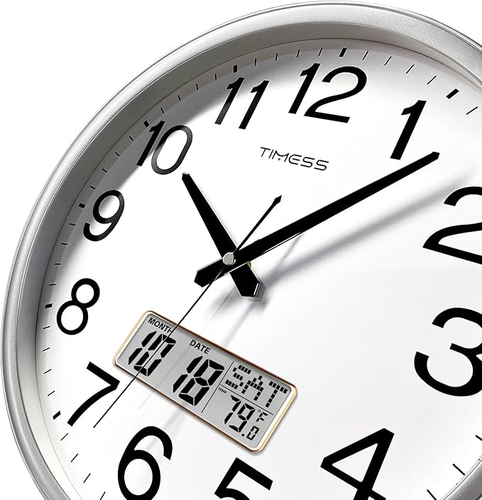 TIMESS Wall Clock, 13 Inch Non-Ticking Silent Battery Operated Quartz Analog with LCD Display for Perpetual Calendar and F° Temperature, Ideal Modern Home, Bedroom, Kitchen, Office Décor (Sliver)