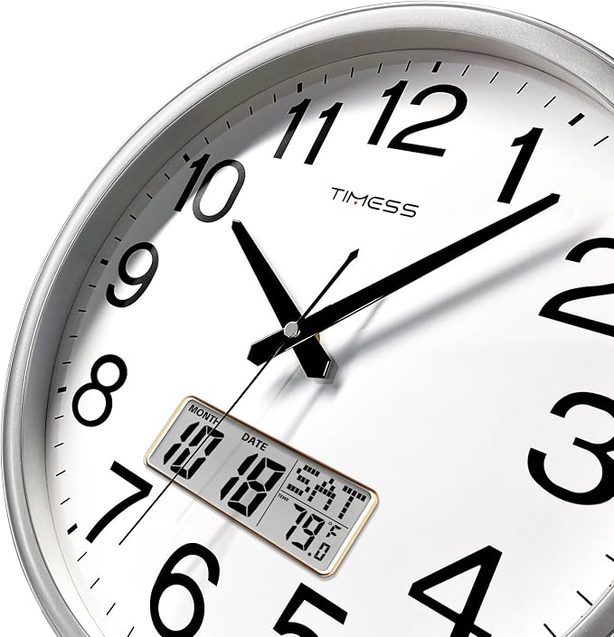 TIMESS Wall Clock, 11 Inch Non-Ticking Silent Battery Operated Quartz Analog with LCD Display for Perpetual Calendar and F° Temperature, Ideal Modern Home, Bedroom, Kitchen, Office Décor (Sliver)