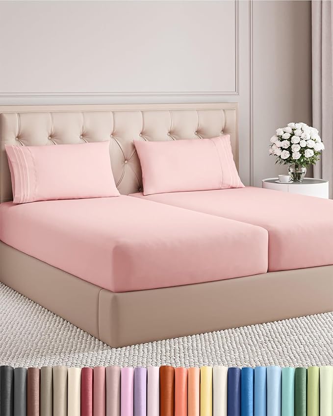 Split King Size 5 Piece Sheet Set - Comfy Breathable & Cooling Bed Sheets Set - Hotel Luxury Bedding for Women, Men, Kids, Teens, Boys & Girls - Deep Pockets, Soft, Wrinkle Free - Oeko-Tex - Baby Pink