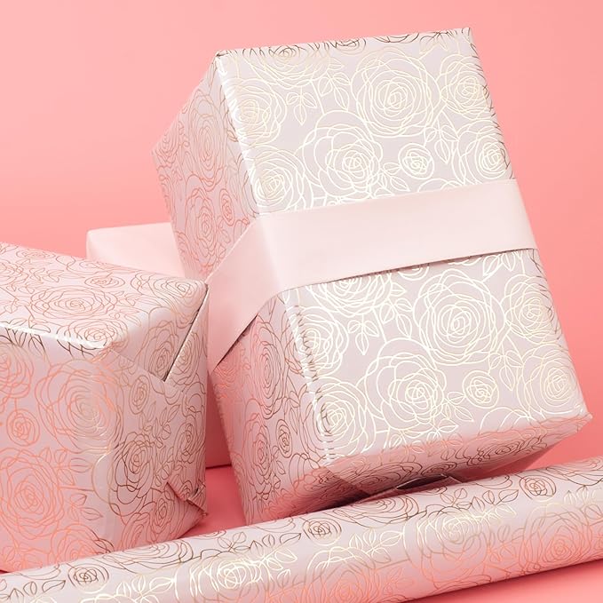 LDGOOAEL Mini Wrapping Paper Roll - Reversible Design (17" X 32.8Feet) - Metallic Gold Rose for Mothers Day, Birthday, Baby Shower