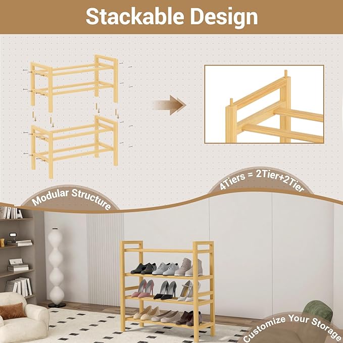 Haddockway Bamboo Shoe Rack for Closet, Free Standing Shoe Organizer with Smooth Round Rods & Convenient Handles, Stackable Shoe Storage Shelf for Entryway, Hallway(Natural, 4-Tier(Small))