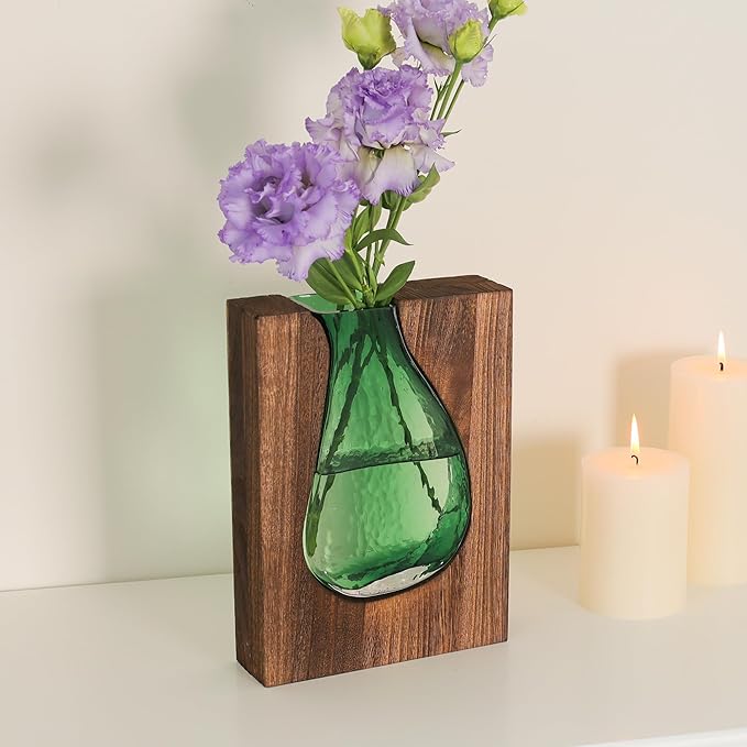 Wood and Glass Inlay Vases Farmhouse Wooden Glass Flower Vase Solid Wood Glass Vase Home Decor Vases for Centerpiece (9.29 Inches)