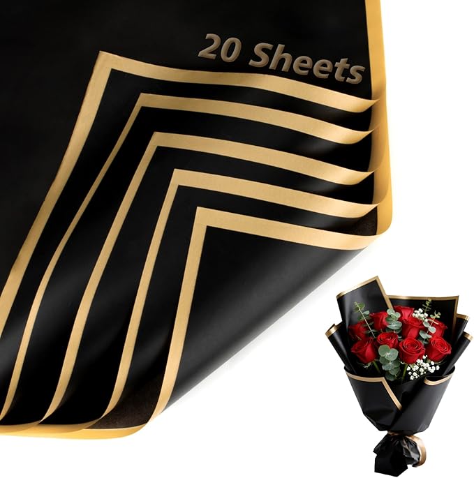20PCS RAINFLOW Flower Wrapping Paper - Floral Bouquet Wrapping Paper Waterproof Florist Supplies Wedding Birthday Valentine'S Day Gift Flower Packaging Black Gold,22.8x22.8 Inch