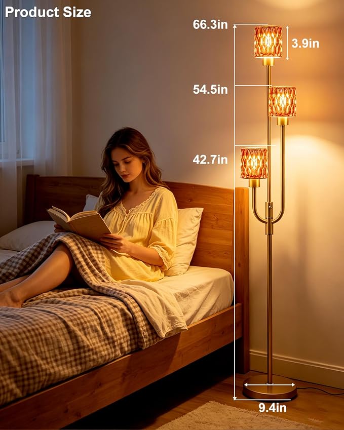 66IN Glass Floor Lamp 3-Lights Modern Gold Dimmable Floor Lamps with 3000K Warm White Bulbs for Wedding Party Modern Tall Standing Lamp with Deep Red Glass Shade for Living Room/Bedroom/Home Decor